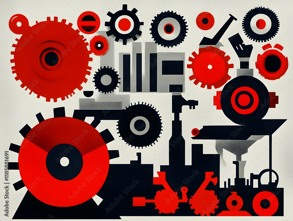 Poster gears turning: exploring mechanical motion and industrial design concepts with red and black