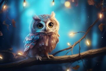 Beautiful owl resting on a branch adorned with glowing fairy lights, creating a magical ambiance in a mystical forest
