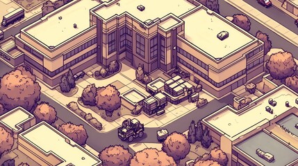 Obraz premium Isometric illustration of a large building complex in a suburban setting.