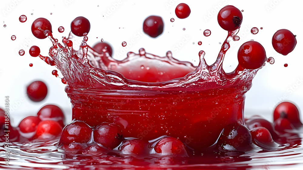 Poster red berries splashing into juice: refreshing summer drink