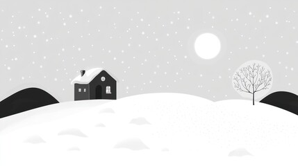Snowy cottage, winter night, hills, moon, stars, greeting card