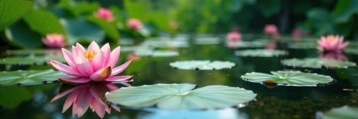 A tranquil pond with lily pads and water lilies in the background, aquatic plants,