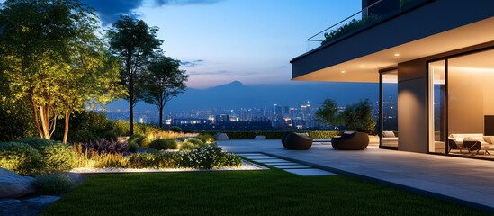 Fototapeta premium Luxury Modern Home with Breathtaking City Skyline View at Dusk