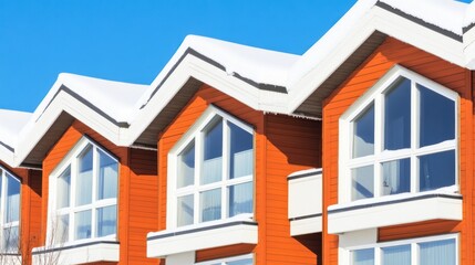 Row of snow-covered red houses with large windows.