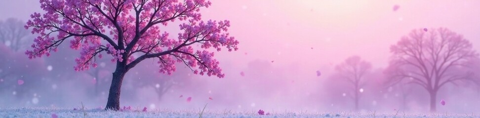 Bare lilac tree against a backdrop of soft pink and purple hues of winter, misty, winter colors