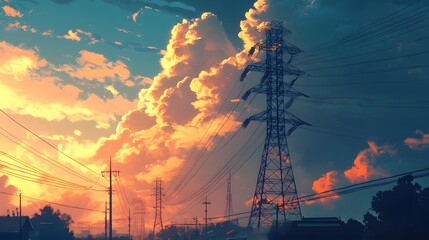 Sunset Sky over Power Lines and Cityscape