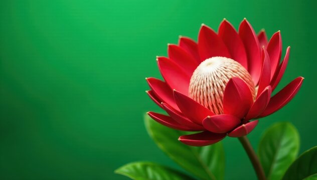 Vibrant Madiba Protea petals unfurl against a stunning emerald green backdrop, South African flora, outdoors