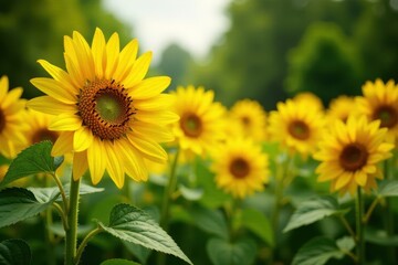 Obraz premium Vibrant sunflower blooms in a lush summer garden amidst yellow petals and seeds, surrounded by green foliage , leaves, sunlight