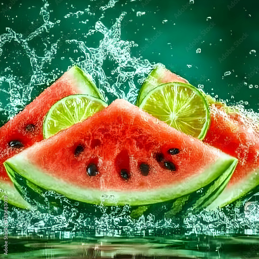 Poster watermelon and lime splash refreshingly into frame