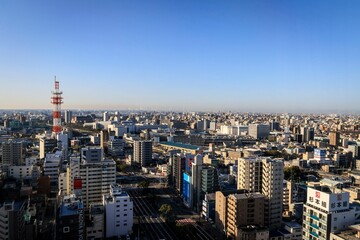 Fototapeta premium Japanese City Skyline at Dusk with a Prominent Tower, Nagoya, Japan