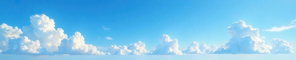 Obraz premium Blue sky with puffy white clouds drifting across the horizon slowly, airy, vast space