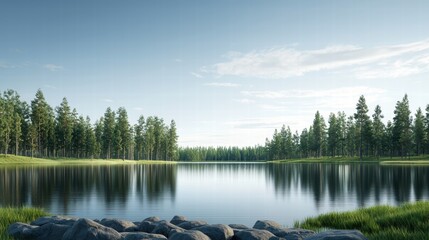 Fototapeta premium Serene Summer Landscape with Clear Reflections in a Pristine Lake and Lush Trees