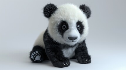 A cute baby toy panda, with black and white fur, isolated on a white background with gentle lighting.