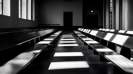 Empty courtroom captured with a wide-angle lens, dramatic lighting emphasizing the judge's bench, showcasing justice, authority, and legal concepts in a minimalist and focused composition