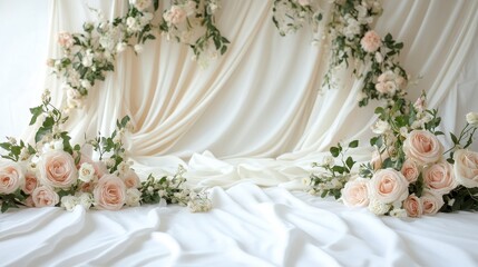 Fototapeta premium Elegant Peach Roses and White Fabric Drape Background