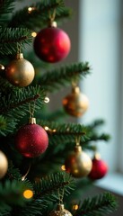 Fototapeta premium Christmas tree ornaments hanging from branches, festive decorations, xmas tree