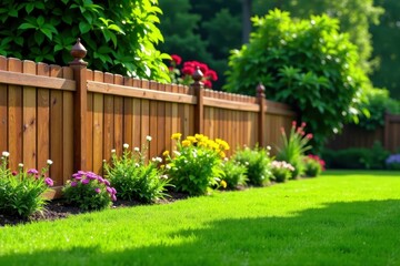 Wooden fence borders serene green grass lawn with colorful flowers and shrubs , flowers, garden