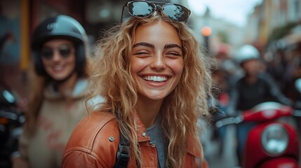 Group of friends laughing while unlocking scooters in a modern city