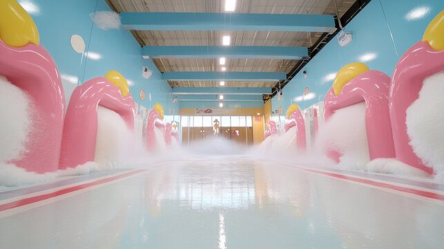 vibrant car wash tunnel featuring colorful foam and playful design elements, creating fun and engaging atmosphere for vehicle cleaning