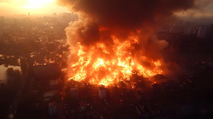 Obraz premium Inferno Engulfs City Buildings at Sunset Quickly with Devastating Damage