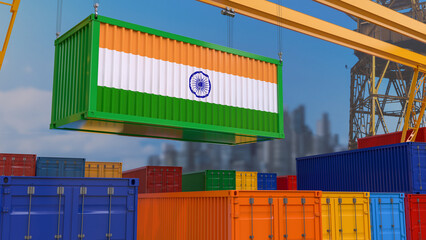 3D rendering of a shipping container with the Indian flag suspended from a crane in a port dock.