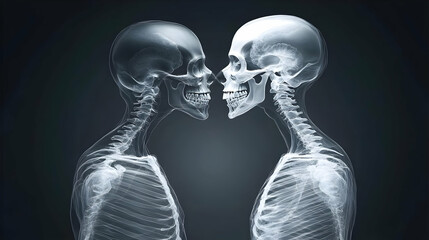 Skeletal Embrace: Anatomy, Bones, X-ray, Spine, Skull Face to Face in Affectionate Pose