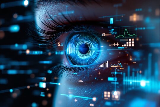 Close-up of a glowing human eye surrounded by digital data projections, futuristic blue tones, on a dark background. Concept of innovation and technology. Ai generative