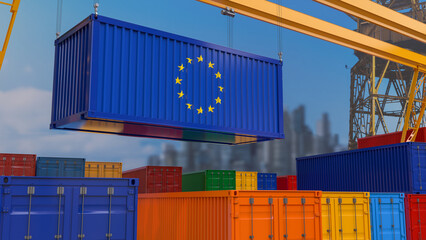 3D rendering of a shipping container with the flag of the European Union suspended from a crane in a port dock.