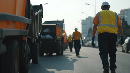 Workers in safety vests walking along road, collecting garbage with trucks nearby. scene captures importance of waste management and environmental care