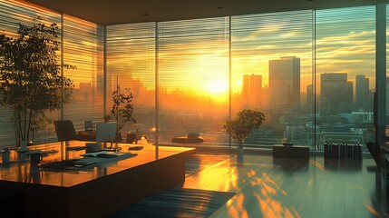Fototapeta premium 3D-rendered workspace with large windows and sunlight streaming through blinds