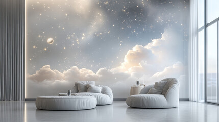 Celestial Dreamscape Living Room: A serene living room features a stunning wall mural depicting a dreamy cloudscape with sparkling stars, creating a tranquil and ethereal atmosphere.  