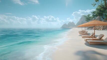 Fototapeta premium Relaxing 3D beach environment with an open parasol, reclining chairs, and calm waves