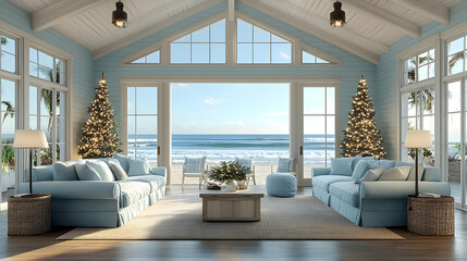 Coastal Christmas Living Room Overlooks the Ocean with Festive Decor