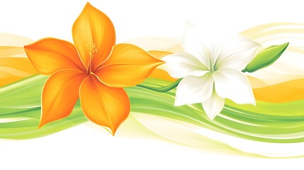 Fototapeta premium Orange and White Flowers on Green and Yellow Waves