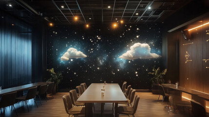 Modern Meeting Room with Starry Night Wall: A contemporary meeting room design with a captivating starry night wall mural, featuring glowing clouds.