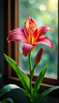 Flor de lirio que se filtra a trav?s de una ventana con visillos, naturaleza, transparente, ventana