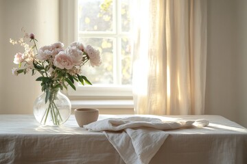 Cozy bedroom with a vase of fresh flowers and sunlight streaming through windows