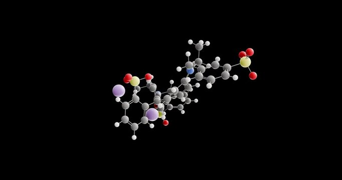 Brilliant blue FCF molecule, rotating 3D model of e133, looped video on a black background