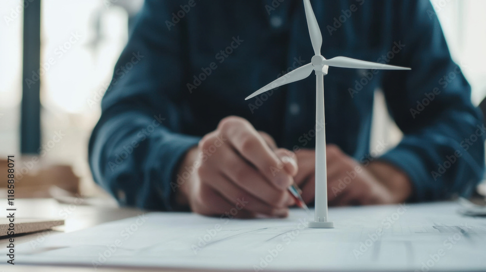 Poster mechanical engineer demonstrating working wind turbine model, showcasing design and innovation in re
