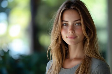 Naklejka premium Portrait of a young woman with natural beauty in soft sunlight
