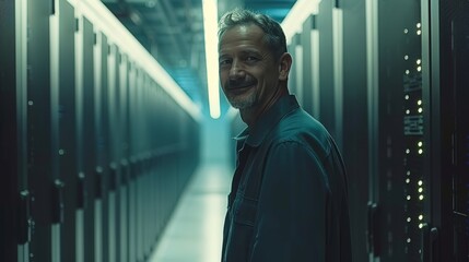 Confident technician smiling while managing a complex network server showcasing tech expertise