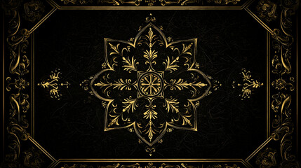 Golden ornate mandala design, dark background,  vintage frame, decorative art, website header