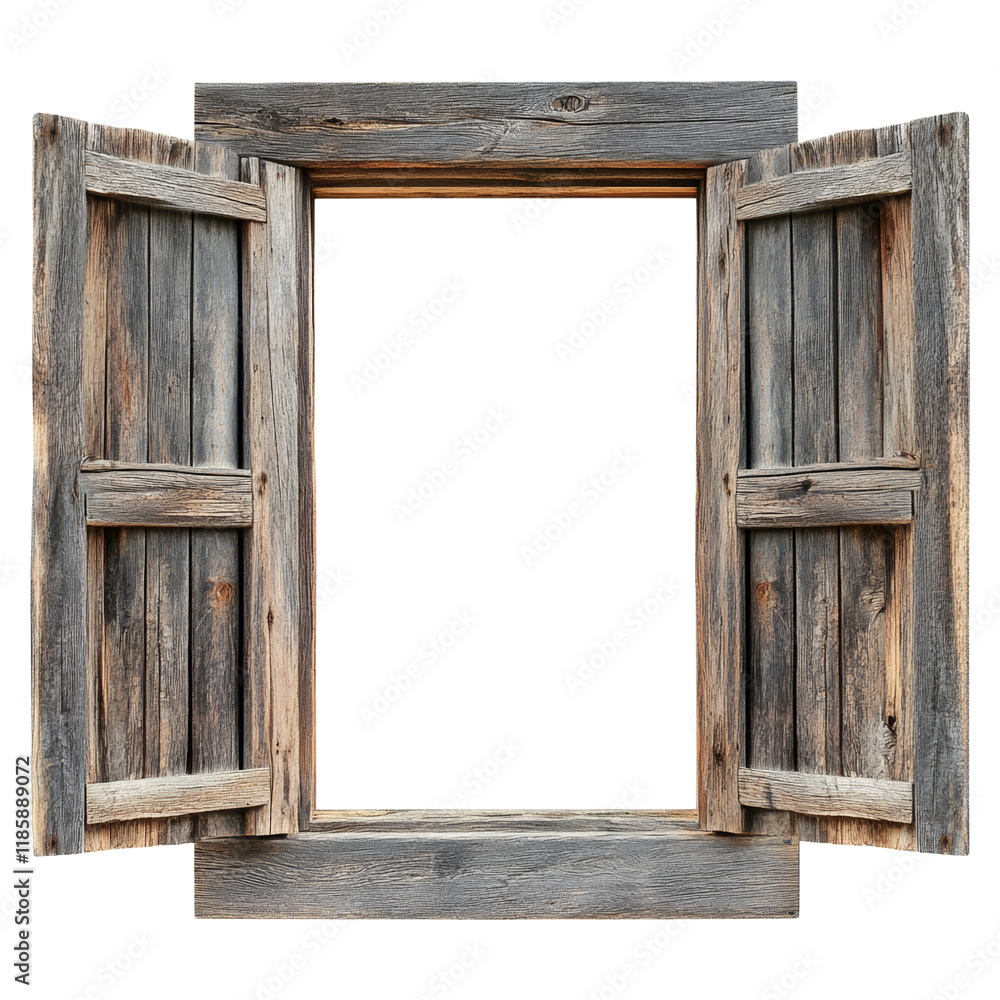 Fototapete a weathered, rustic wooden window with open shutters reveals a dark empty space beyond.