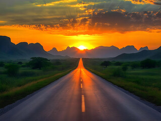 Fototapeta premium Road Leads to Majestic Sunset over Distant Hills at Dawn