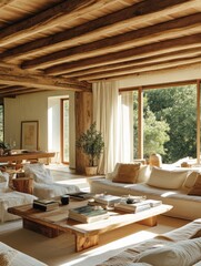 Sunlit Living Room with Exposed Wooden Beams and Comfortable Seating