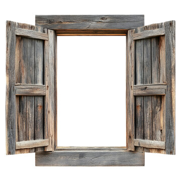 A weathered, rustic wooden window with open shutters reveals a dark empty space beyond.