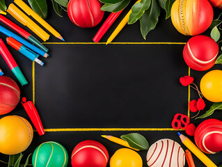 Colorful Cricket Balls Frame a Blackboard Decorated with Pens and Leaves