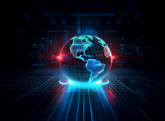 Obraz premium A glowing digital globe hovers above a futuristic grid, representing global connectivity and technological advancement. Red and blue light trails accentuate the scene.