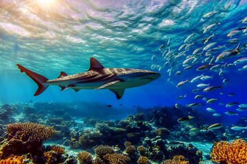 Fototapeta premium Shark Swims Through Coral Reef with Fish Abundantly