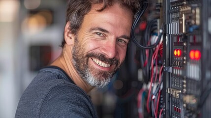 Confident technician smiling while working on a complex network server, showcasing tech expertise